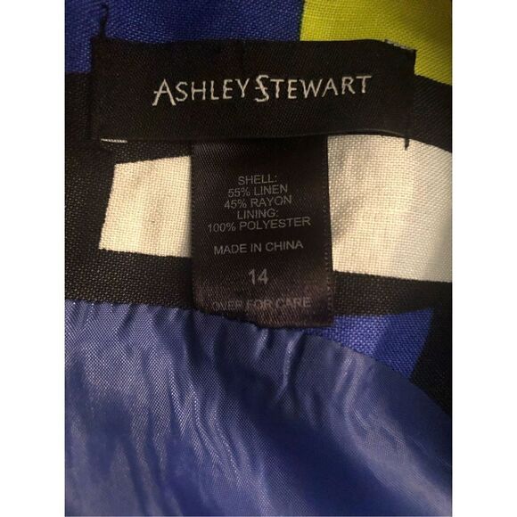 Ashley Stewart linen blend A line midi geometric design blue, yellow and black s - Picture 12 of 13
